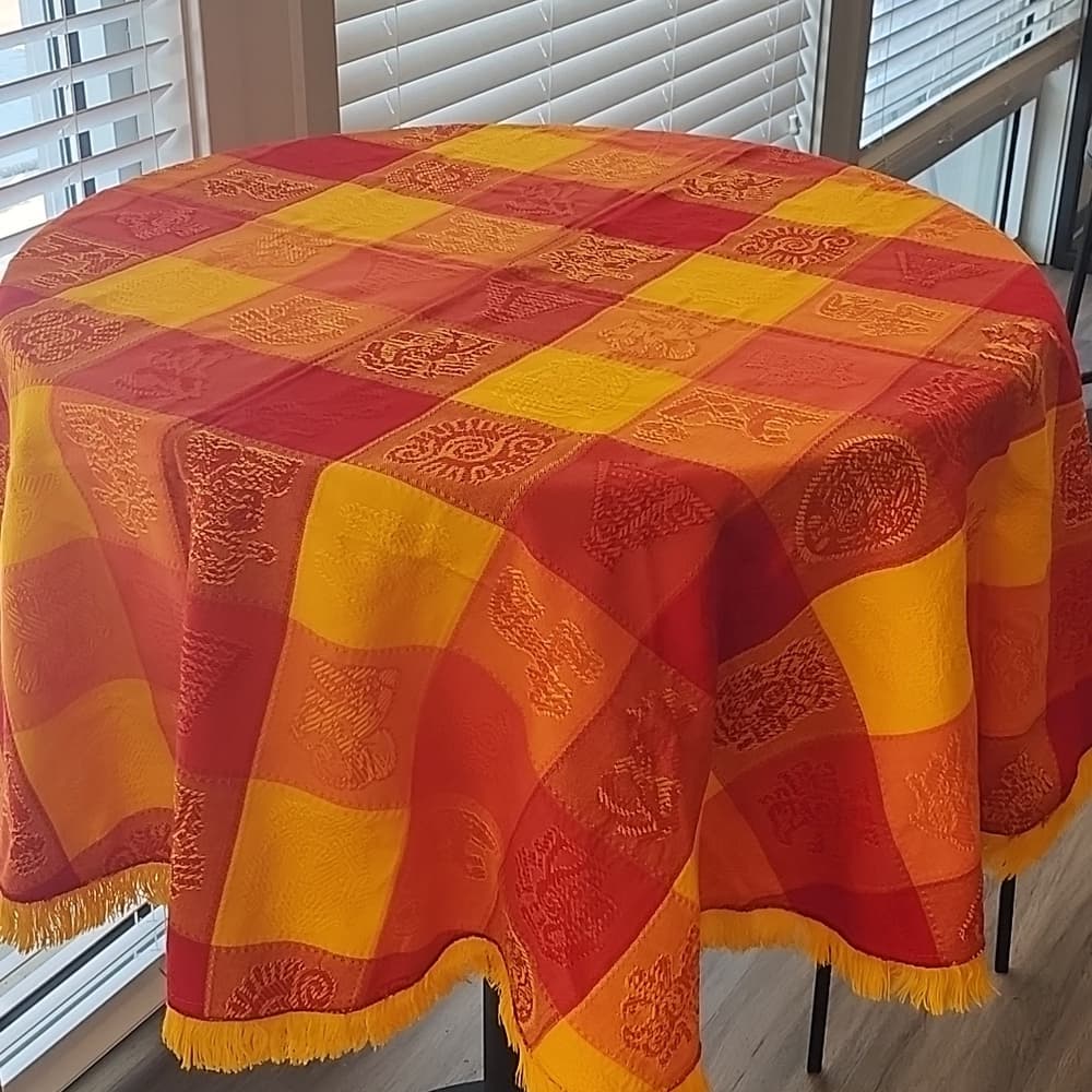 Vibrant Red and Yellow Rpund 56" Table Cloth Cover Checkered Aztec - Thumbnail 10