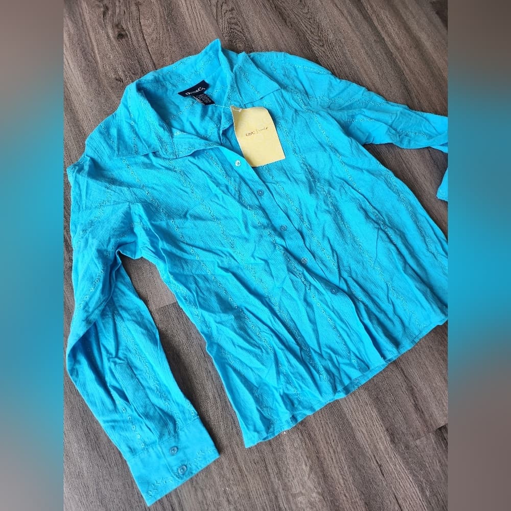 Denim&Co Vibrant Blue Floral Embroidered Button Down Shirt
