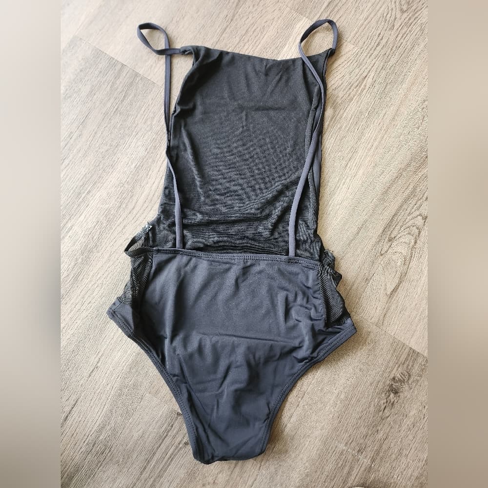 Sexy Open Back Black One-Piece Body Suit Sheer Sides - Thumbnail 2