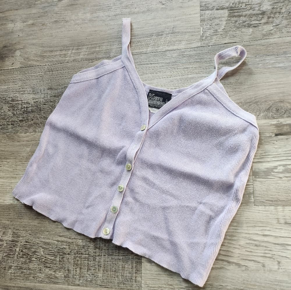 '90s Vintage Lavender Knit Landing Button-Up Crop Top - Thumbnail 2