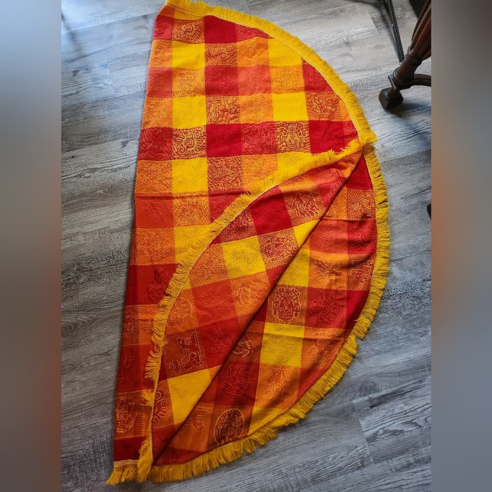 Vibrant Red and Yellow Rpund 56" Table Cloth Cover Checkered Aztec - Thumbnail 4