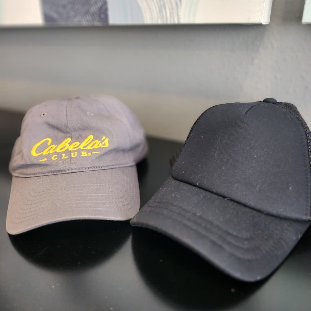 Cabela's Club Gray and Yellow Cap And Solid Black Port Authority Trucker Hat