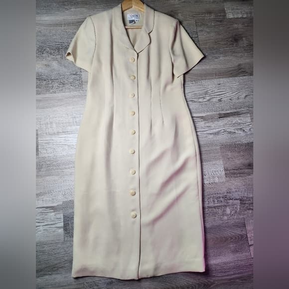 Vintage Talbots Cream Midi Button Down Business Casual Dress with Notched Collar - Thumbnail 10