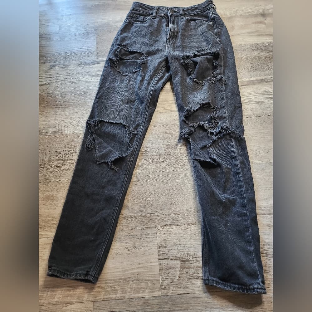 American Eagle Outfitters Distressed Black Wash Denim Long Skinny Jeans