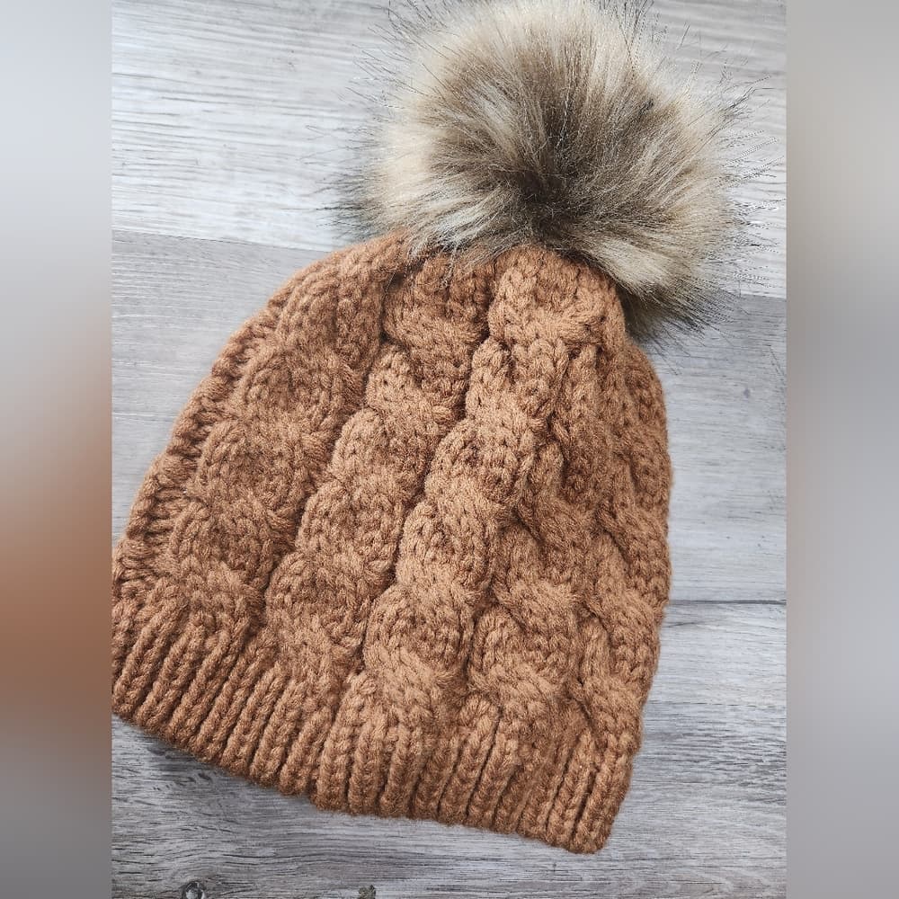 Cozy Brown Cable Knit Faux Fur Pom-Pom Beanie for Kids - Thumbnail 6