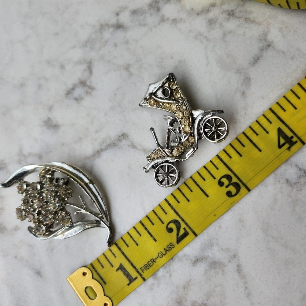 Vintage Silver Tone Brooch Set with Rhinestones - Thumbnail 2