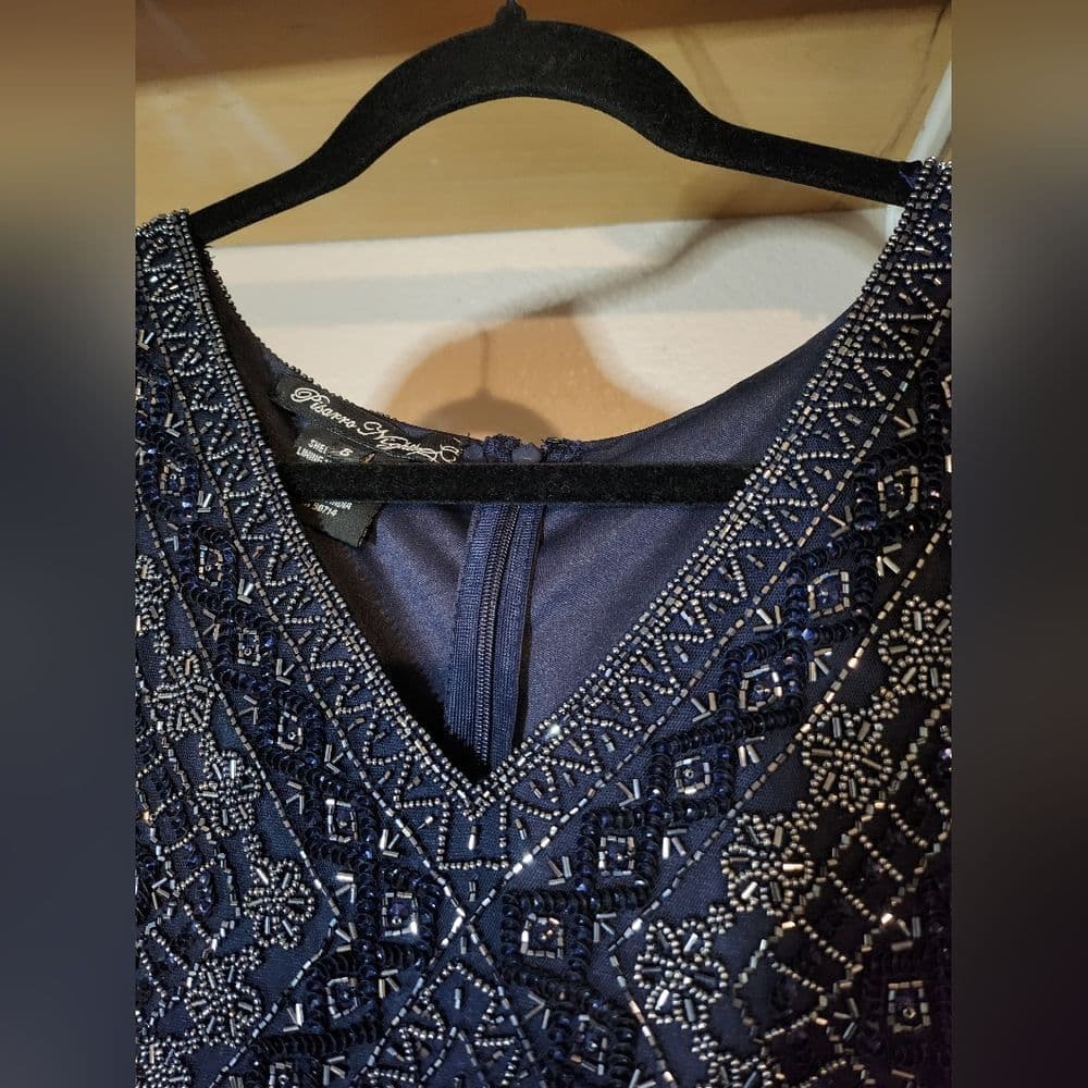 Navy Blue Beaded Formal Mother Of the Bride Dress Pisarro Nights - Thumbnail 3