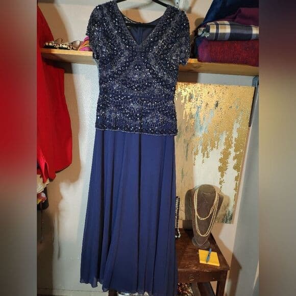 Navy Blue Beaded Formal Mother Of the Bride Dress Pisarro Nights - Thumbnail 11