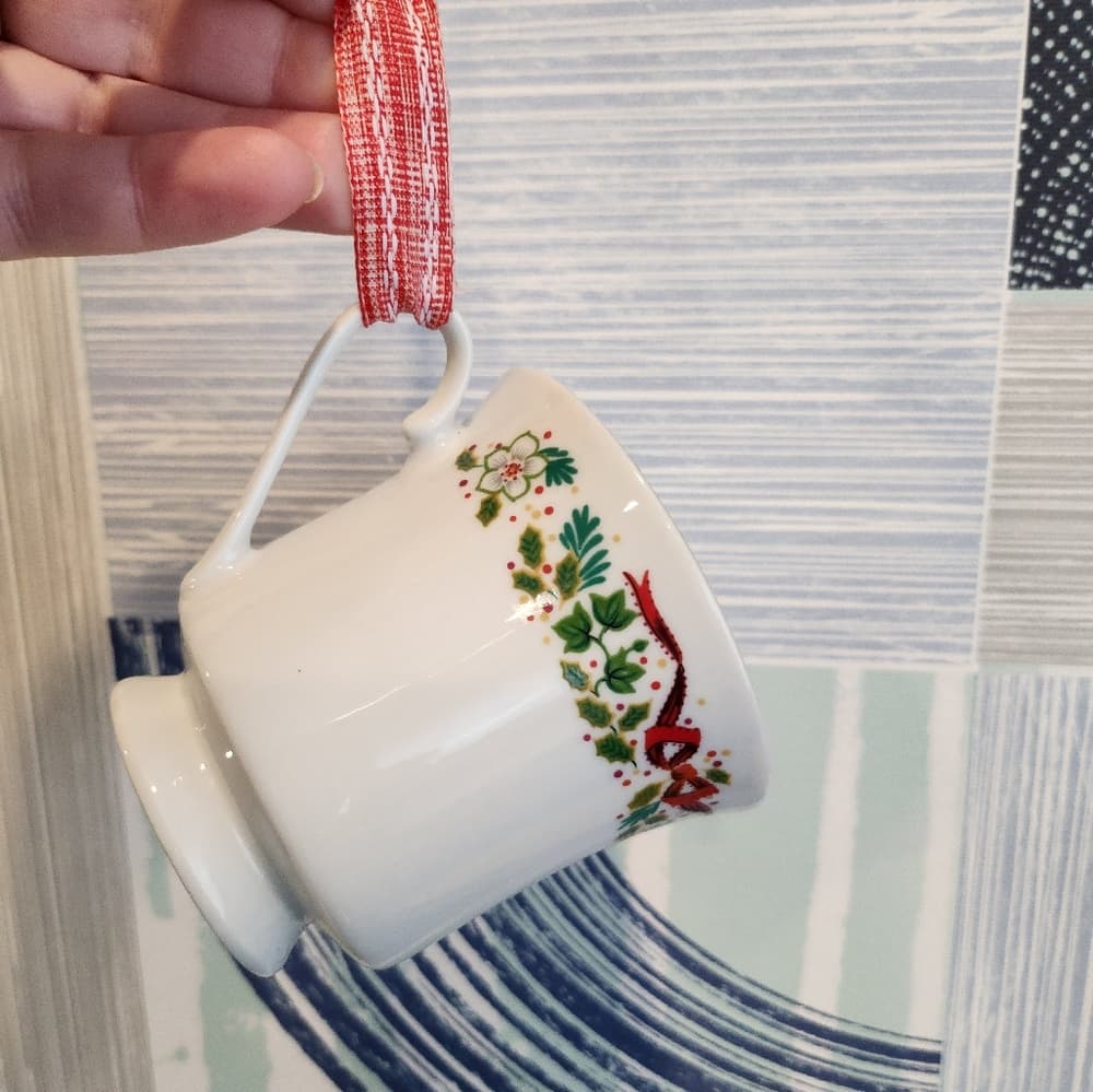 Vintage Coffee Tea Cup Upcycled Holiday Christmas Tree Snow Scene Ornament - Thumbnail 2