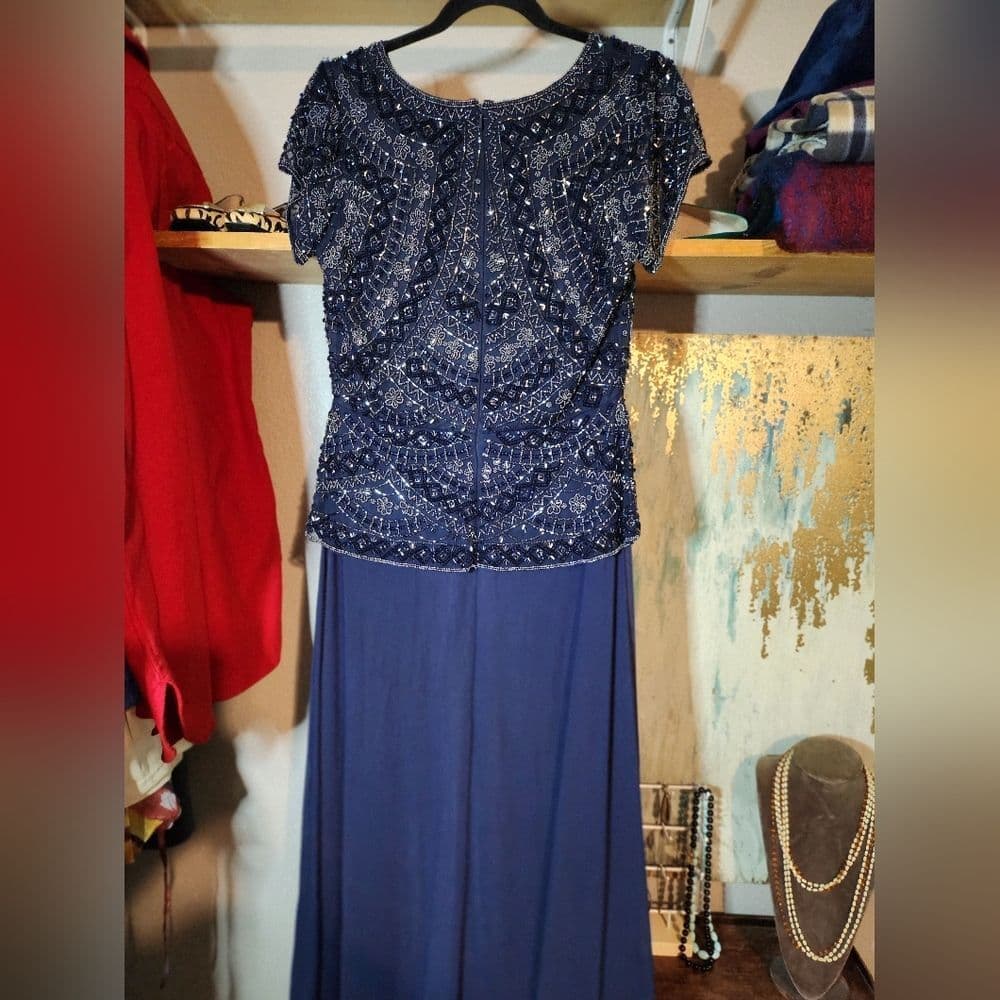 Navy Blue Beaded Formal Mother Of the Bride Dress Pisarro Nights - Thumbnail 6