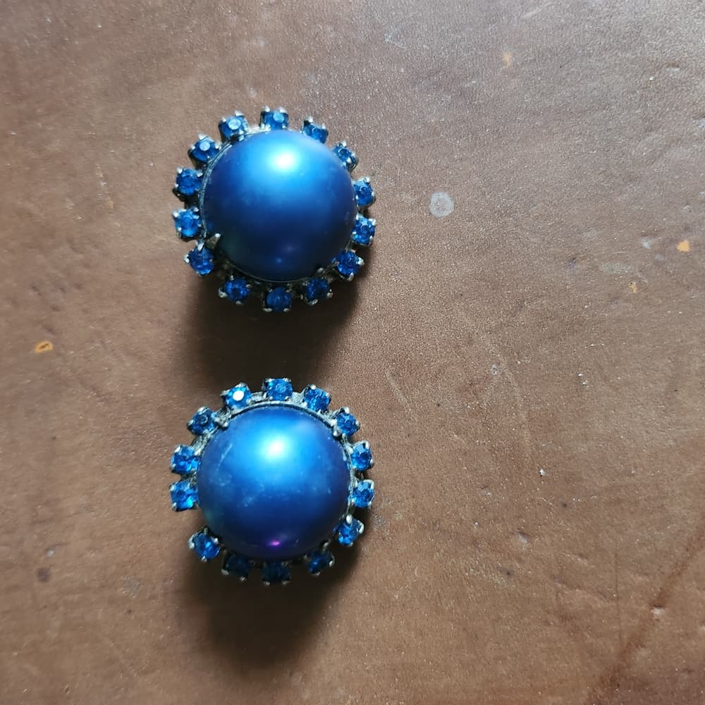 Vibrant Blue Dome Clip On Earrings with Sparkling Crystal Accents