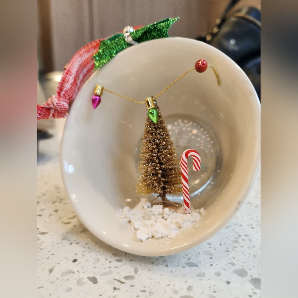 Vintage Tea Cup Handmade Holiday Scene Upcycled Christmas Ornament - Thumbnail 7