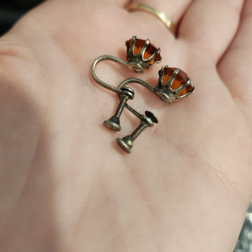 Vintage Orange Rinestone studs on Screwback Clip on Sterling Sliver