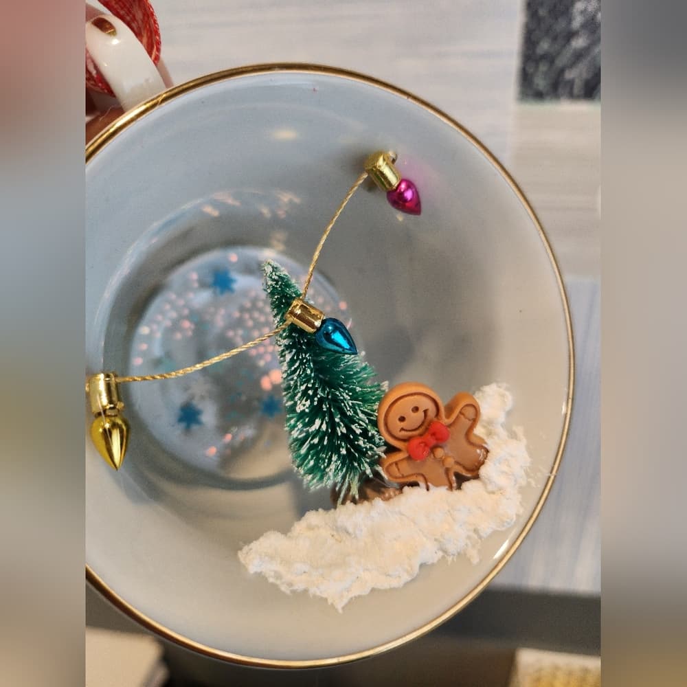 Vintage Coffee Tea Cup Upcycled Holiday Christmas Tree Snow Scene Ornament - Thumbnail 5