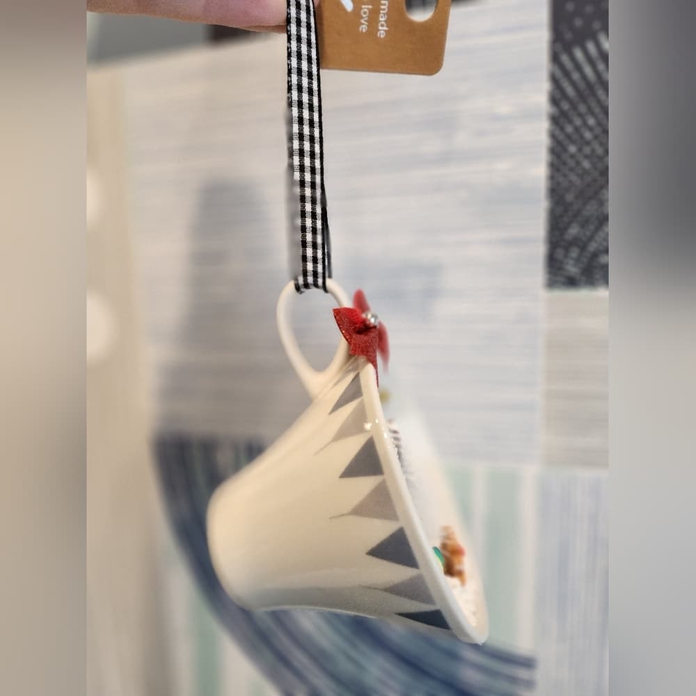 Vintage Coffee Cup Upcycled Holiday Christmas Tree Snow Scene Ornament - Thumbnail 3