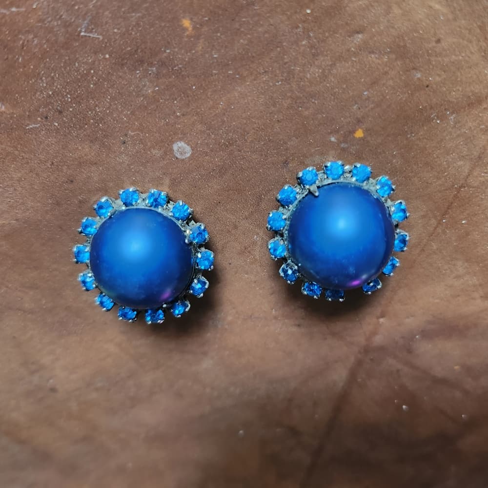 Vibrant Blue Dome Clip On Earrings with Sparkling Crystal Accents - Thumbnail 6