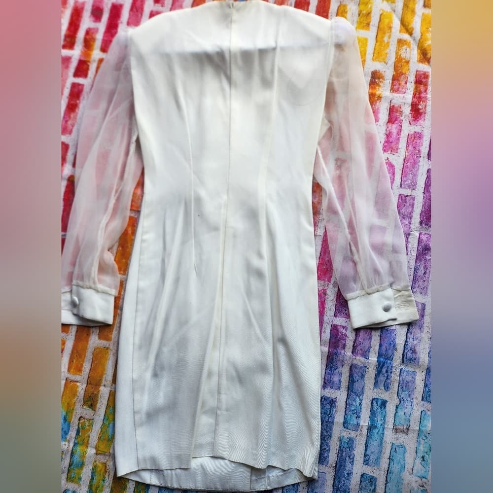 Vintage White Scarlett Double Breated Dress Sheer Sleeves Lace Collar Detail - Thumbnail 8