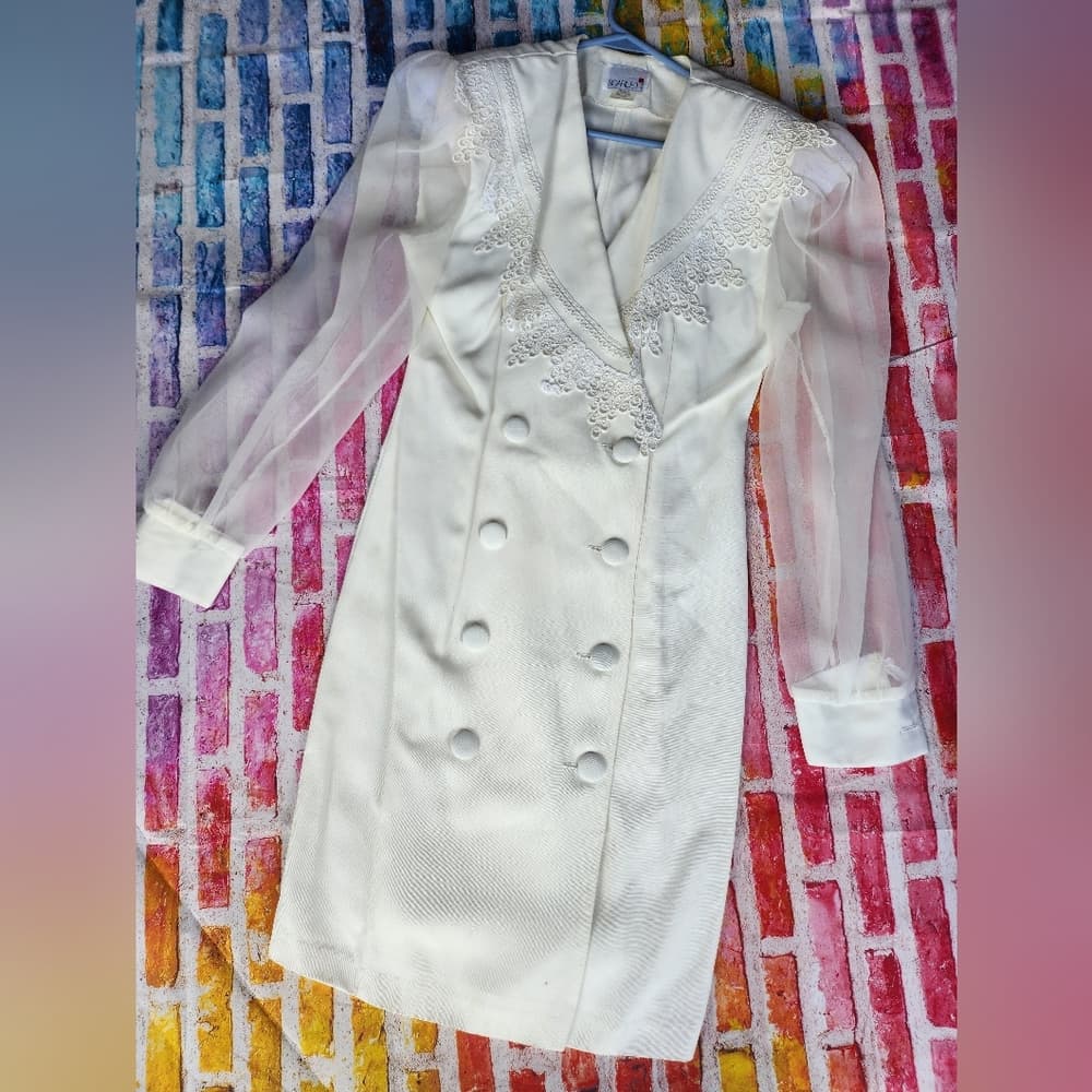 Vintage White Scarlett Double Breated Dress Sheer Sleeves Lace Collar Detail - Thumbnail 9