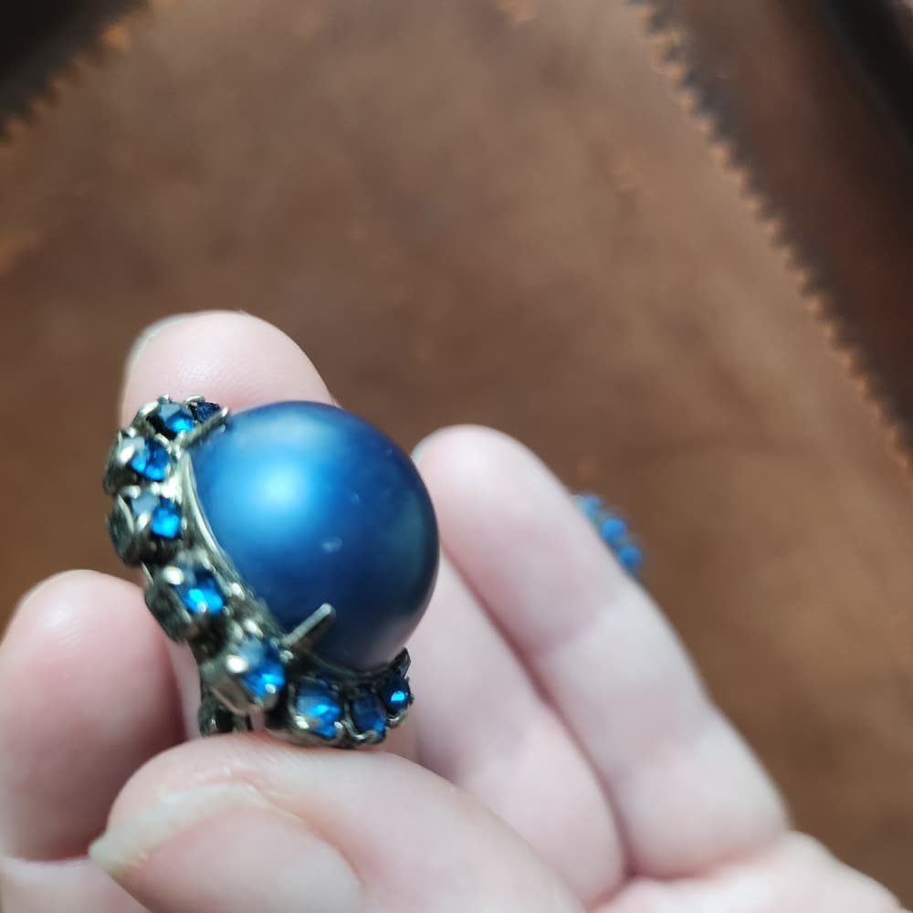 Vibrant Blue Dome Clip On Earrings with Sparkling Crystal Accents - Thumbnail 4