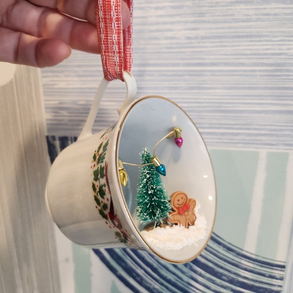Vintage Coffee Tea Cup Upcycled Holiday Christmas Tree Snow Scene Ornament