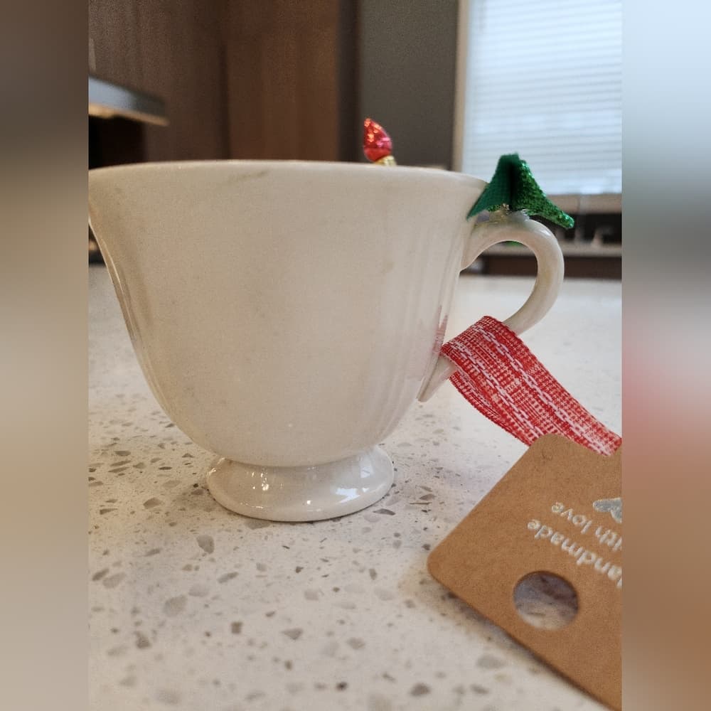 Vintage Tea Cup Handmade Holiday Scene Upcycled Christmas Ornament - Thumbnail 3