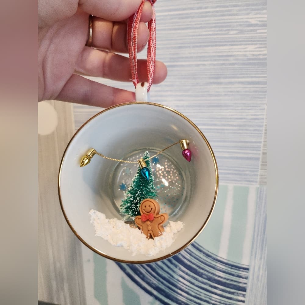 Vintage Coffee Tea Cup Upcycled Holiday Christmas Tree Snow Scene Ornament - Thumbnail 6