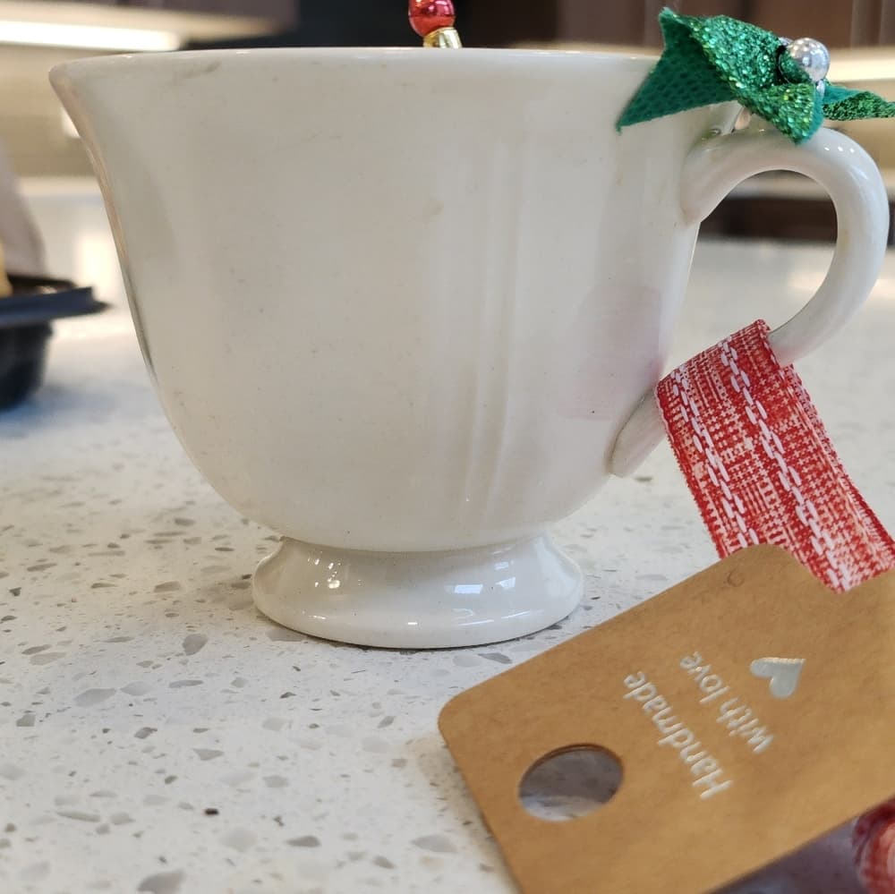 Vintage Tea Cup Handmade Holiday Scene Upcycled Christmas Ornament - Thumbnail 4