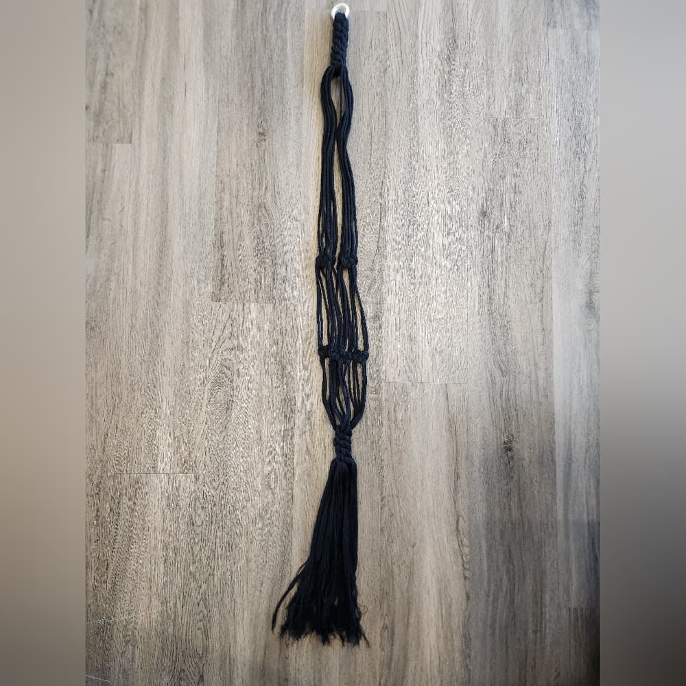 Large Black Macrame Knotted Fringe Tassel Hanging Plant holder for large pot - Thumbnail 5