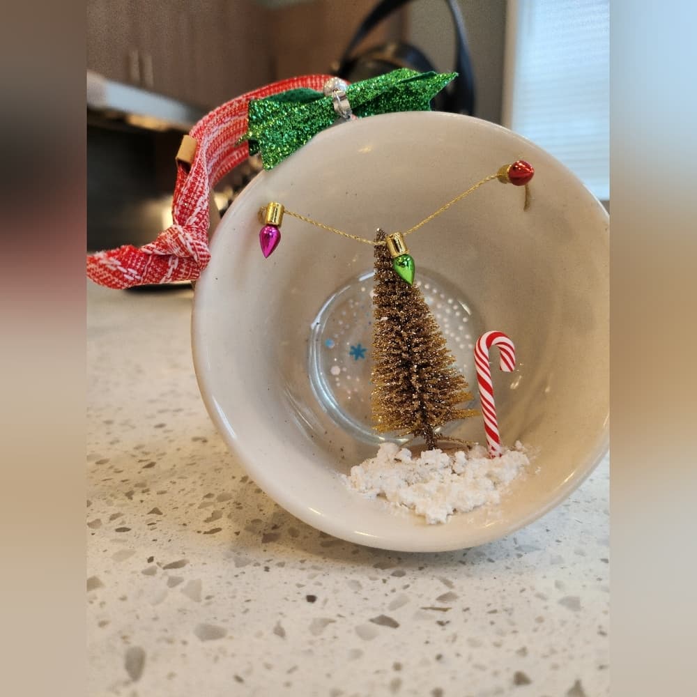 Vintage Tea Cup Handmade Holiday Scene Upcycled Christmas Ornament