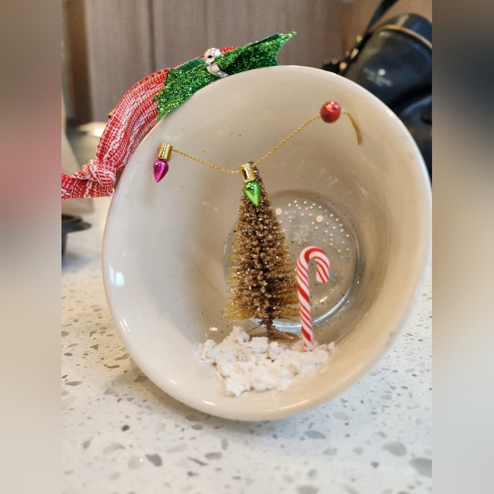 Vintage Tea Cup Handmade Holiday Scene Upcycled Christmas Ornament - Thumbnail 2