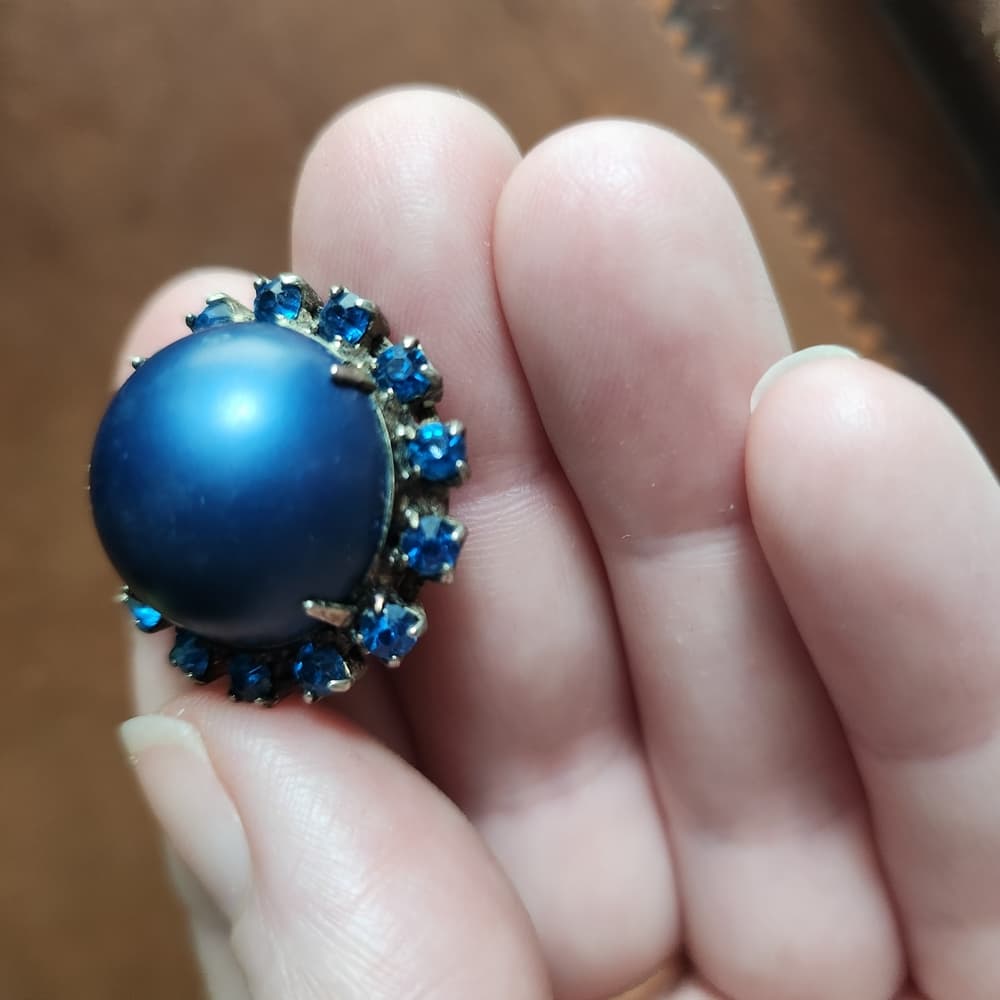 Vibrant Blue Dome Clip On Earrings with Sparkling Crystal Accents - Thumbnail 3