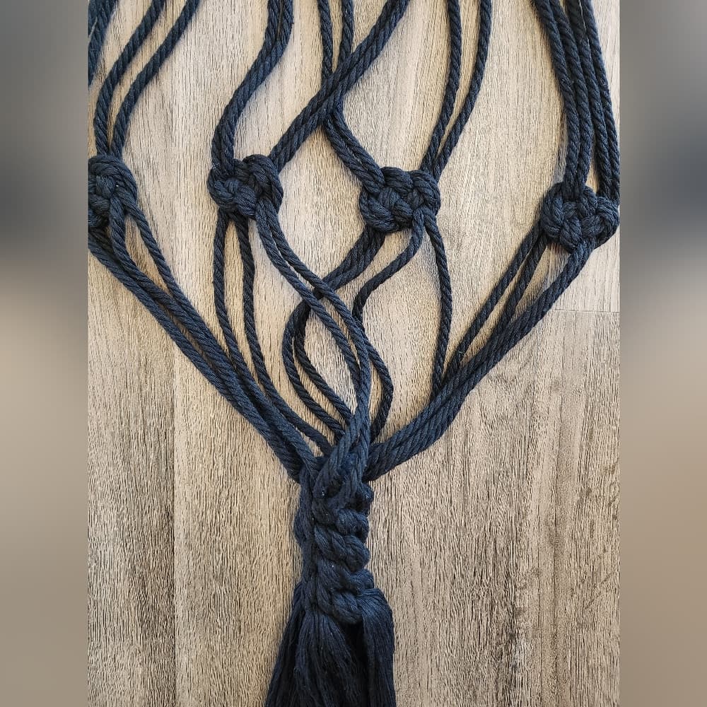 Large Black Macrame Knotted Fringe Tassel Hanging Plant holder for large pot - Thumbnail 2