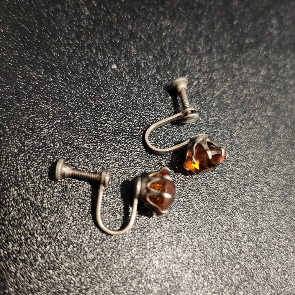 Vintage Orange Rinestone studs on Screwback Clip on Sterling Sliver - Thumbnail 2