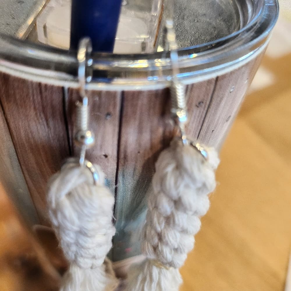 Ivory White Boho Macrame Knot Tassle Fringe Long Statement Earrings - Thumbnail 7