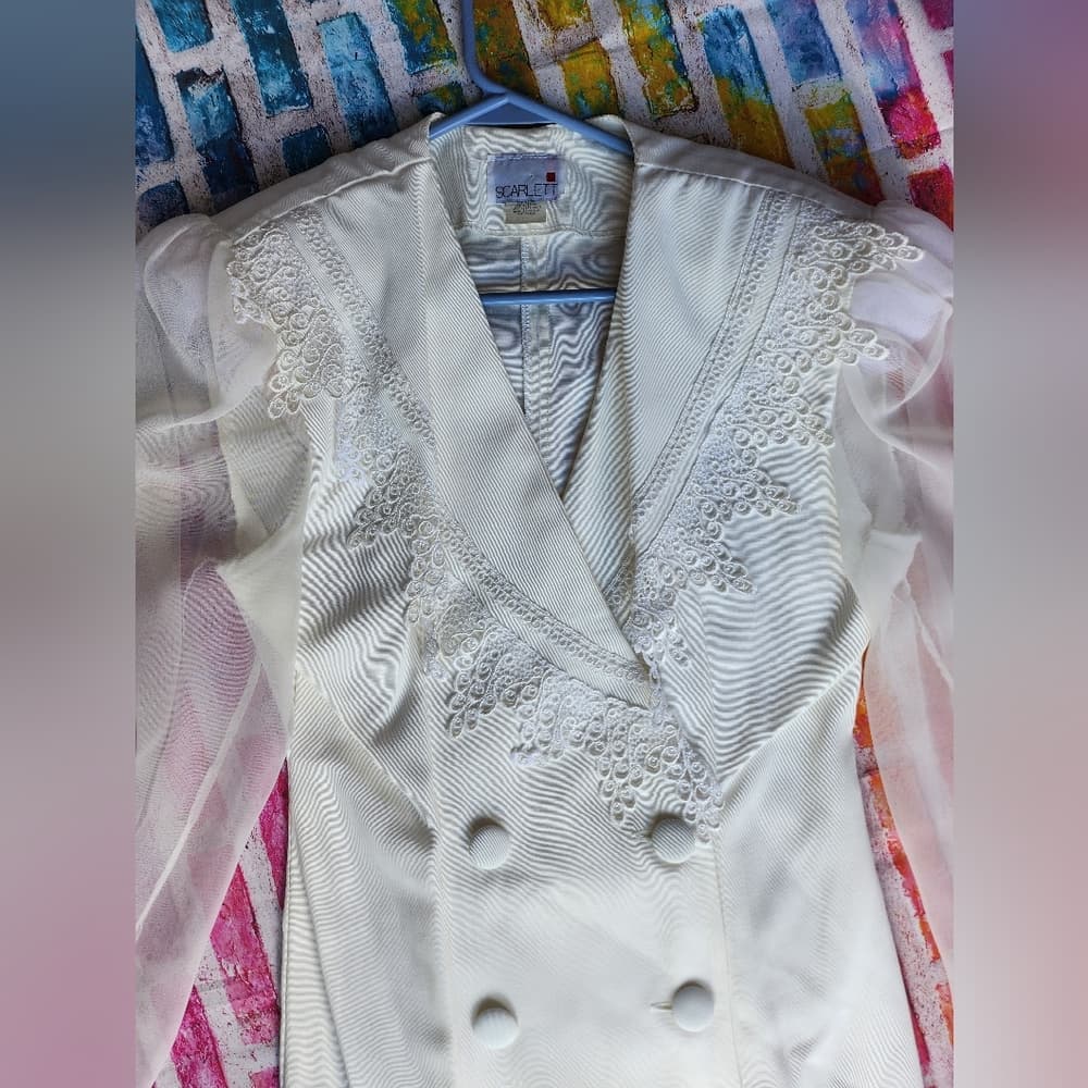 Vintage White Scarlett Double Breated Dress Sheer Sleeves Lace Collar Detail