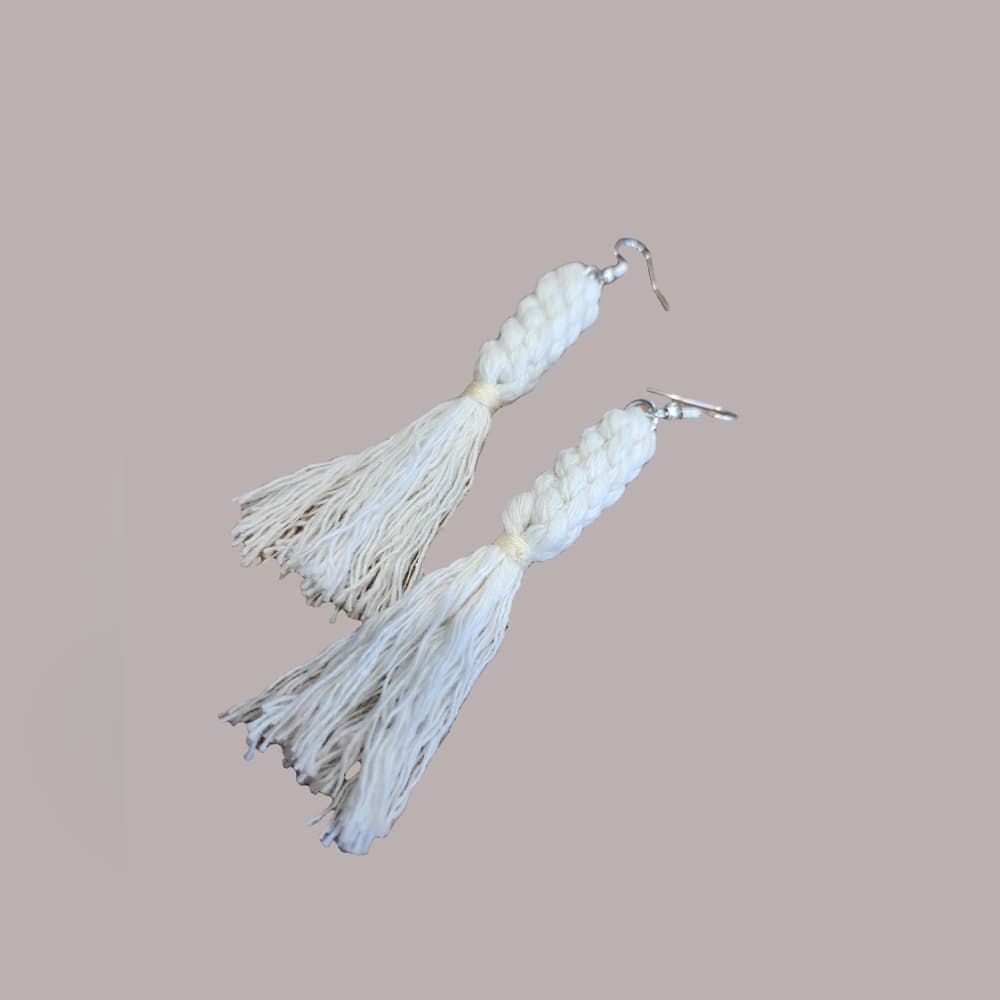 Ivory White Boho Macrame Knot Tassle Fringe Long Statement Earrings - Thumbnail 2