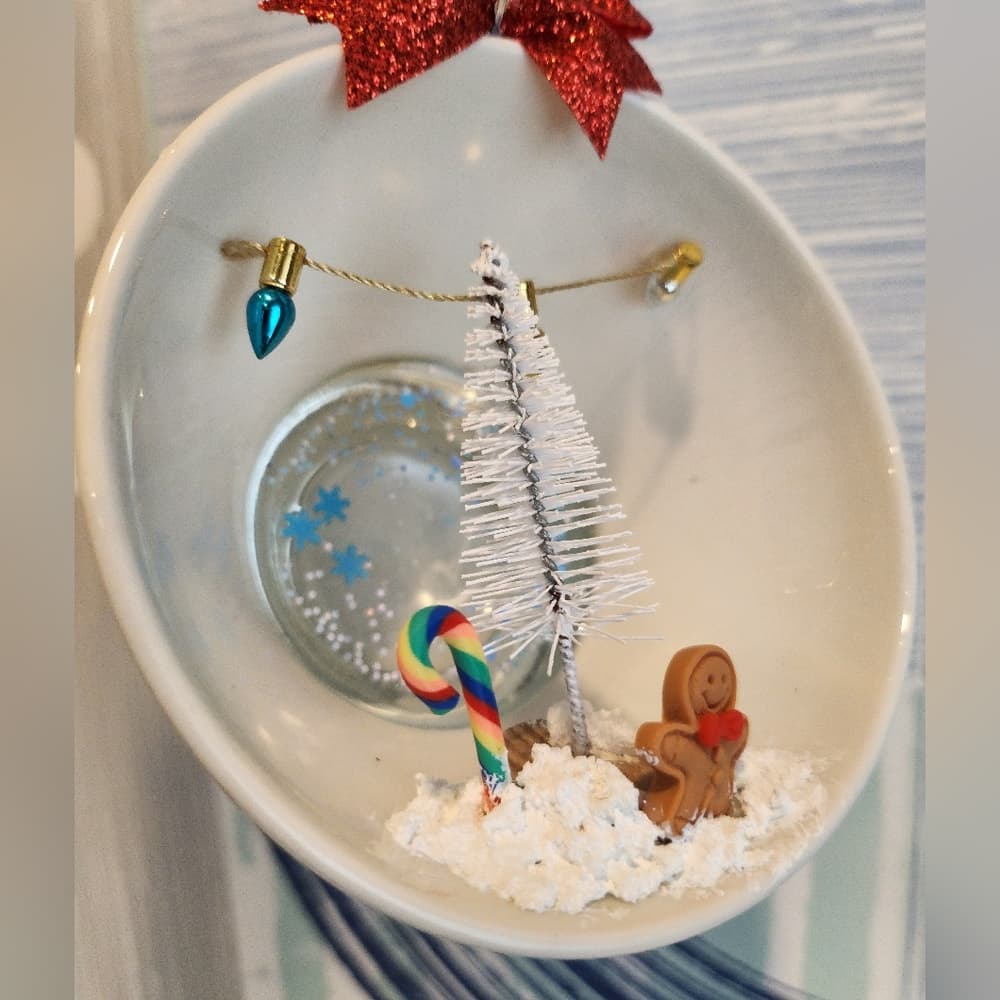 Vintage Coffee Cup Upcycled Holiday Christmas Tree Snow Scene Ornament - Thumbnail 2