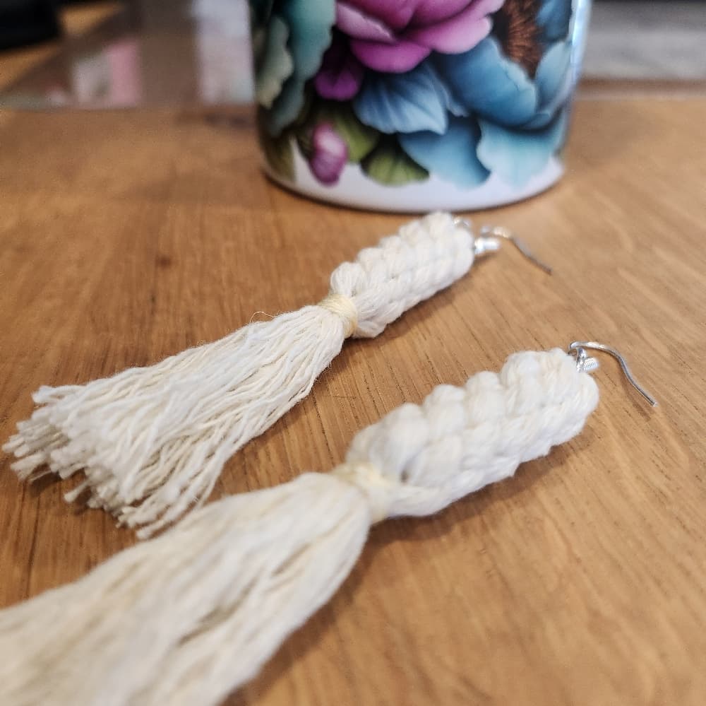 Ivory White Boho Macrame Knot Tassle Fringe Long Statement Earrings