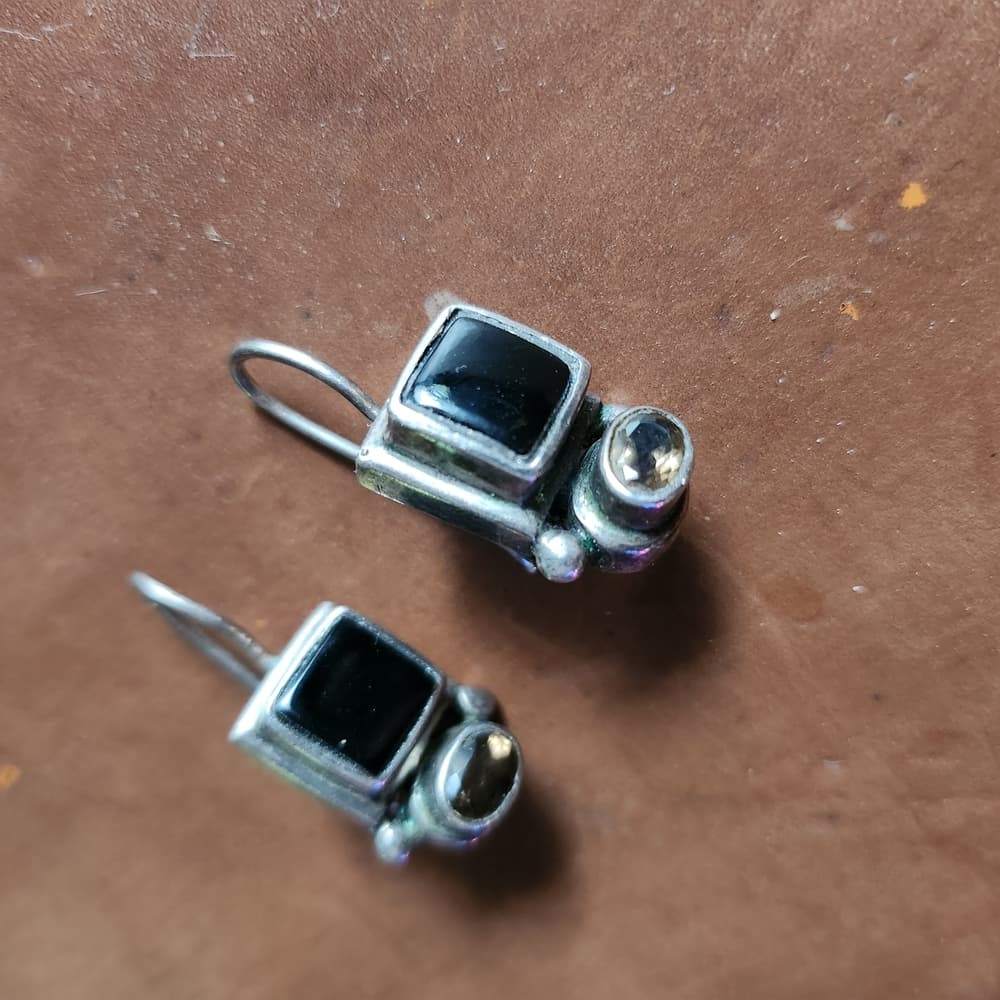 Black Onyx And Smokey Quarts 925 Sterling Silver Geometric Drop Earrings