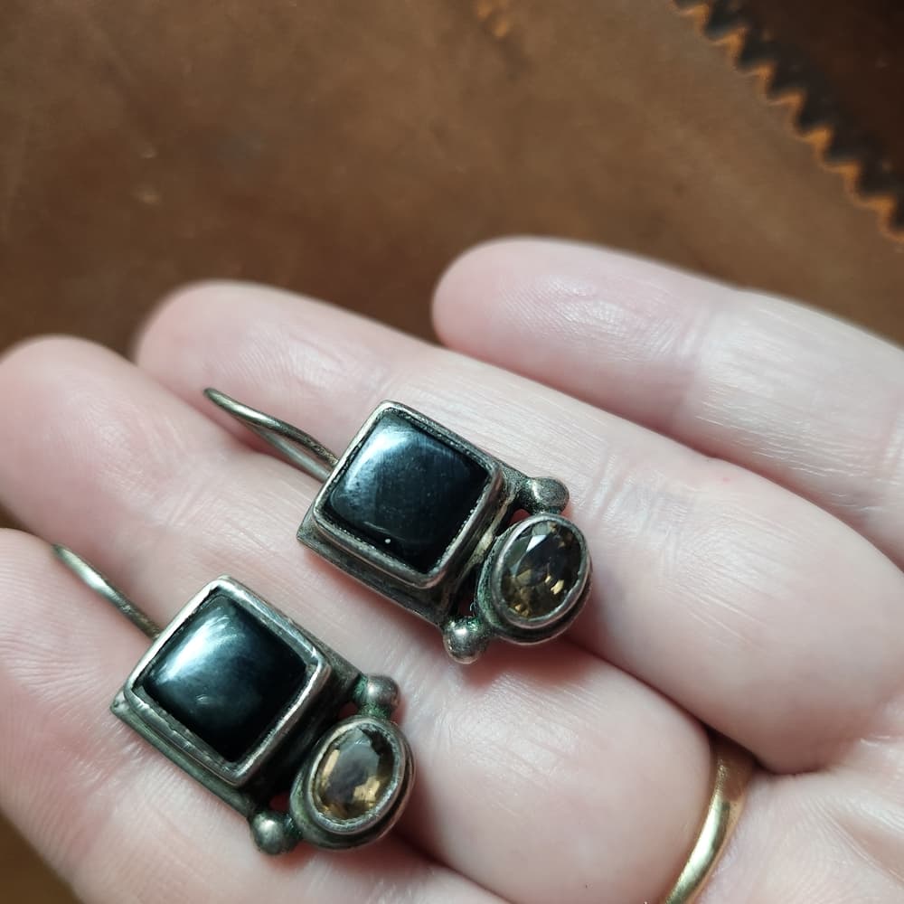 Black Onyx And Smokey Quarts 925 Sterling Silver Geometric Drop Earrings - Thumbnail 9