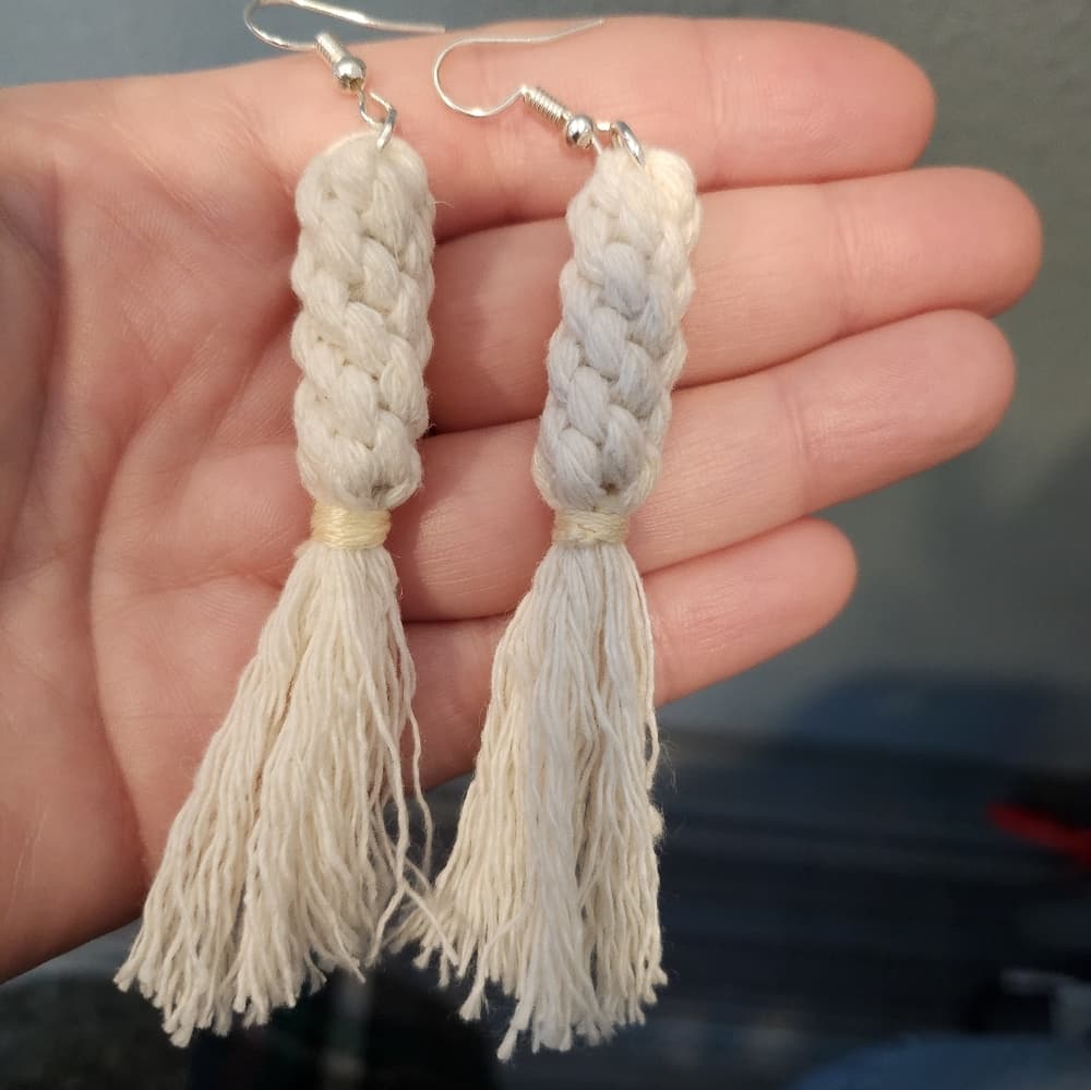 Ivory White Boho Macrame Knot Tassle Fringe Long Statement Earrings - Thumbnail 10