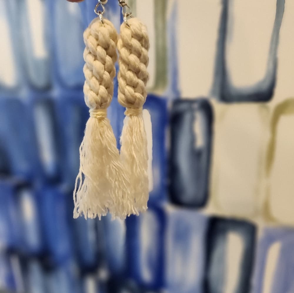 Ivory White Boho Macrame Knot Tassle Fringe Long Statement Earrings - Thumbnail 6