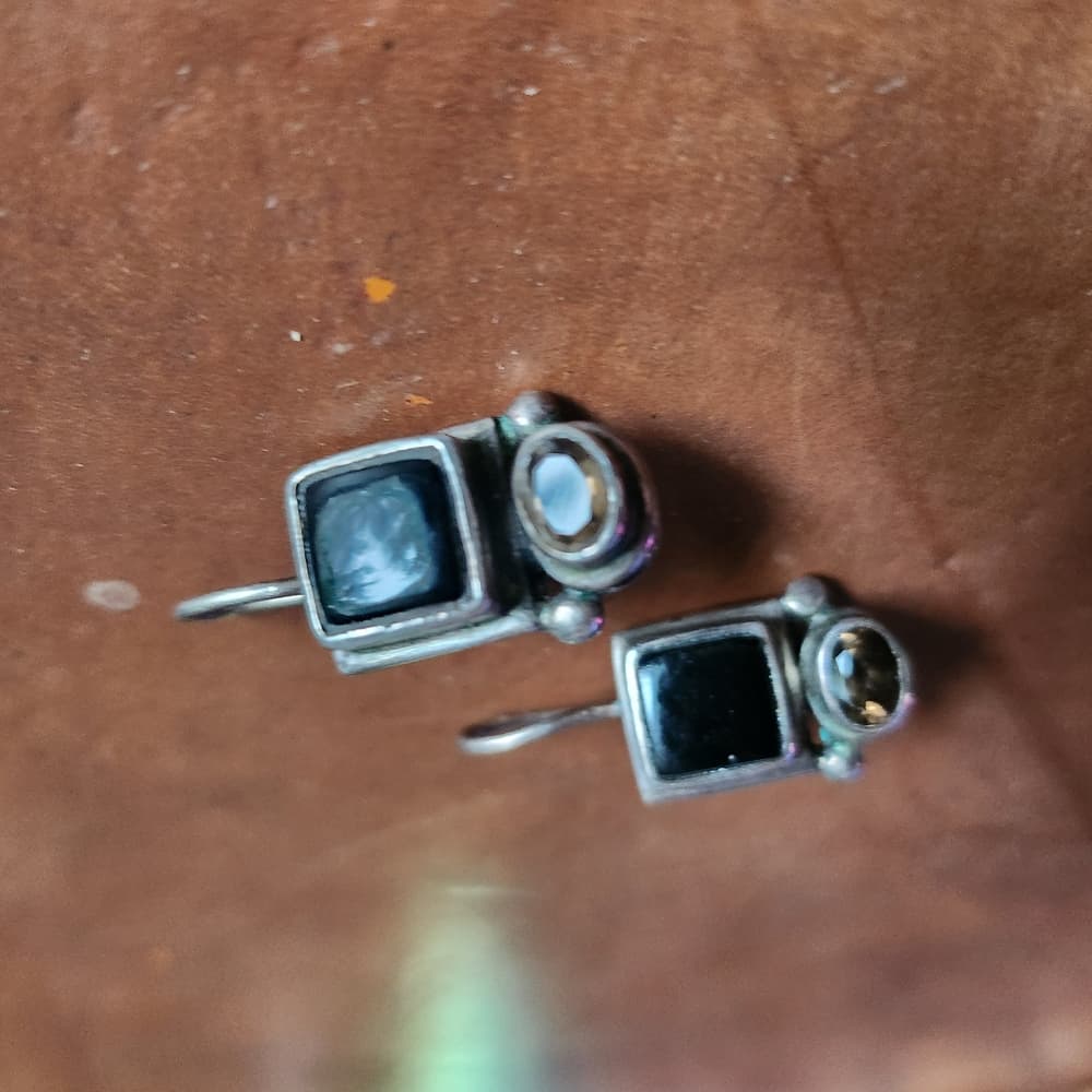 Black Onyx And Smokey Quarts 925 Sterling Silver Geometric Drop Earrings - Thumbnail 2