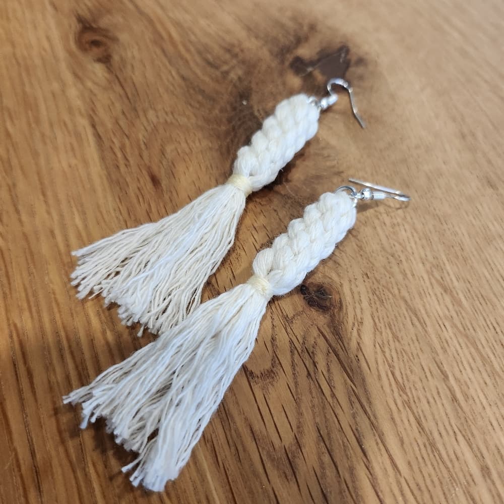 Ivory White Boho Macrame Knot Tassle Fringe Long Statement Earrings - Thumbnail 3