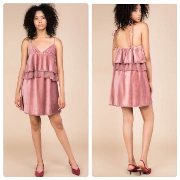 POL Velvet Lace Trim Tie Strap Cascading Layered Ruffle Dress - Thumbnail 11
