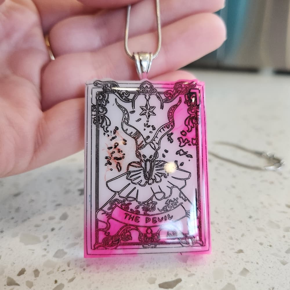 Handmade The Dev*l Tarot Card Pink and White Tie Dye Effect Pendant Necklace - Thumbnail 3