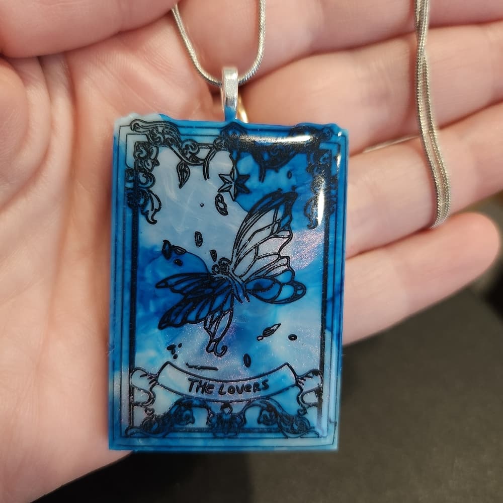 Blue Tie Dye Resin Tarot Card The Lovers Butterfly Hand Painted Glossy - Thumbnail 6