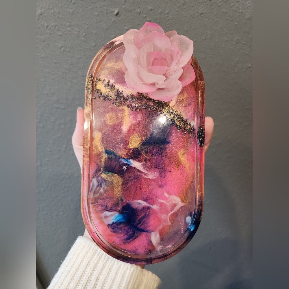 Handmade Pink Blue Gold Swirl Resin Succulent Trinket Vanity Dish - Thumbnail 5