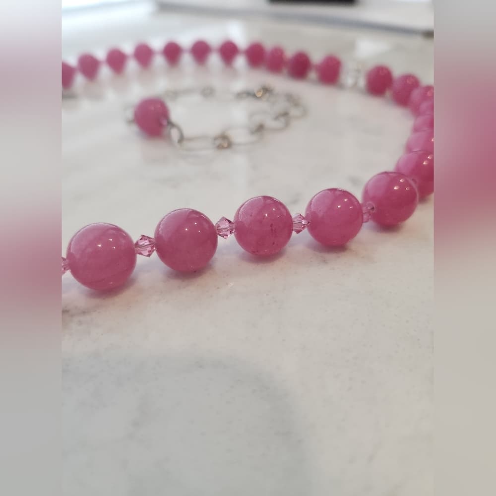 Pink Glass Beaded Necklace and Matching Bracelet Set - Thumbnail 3