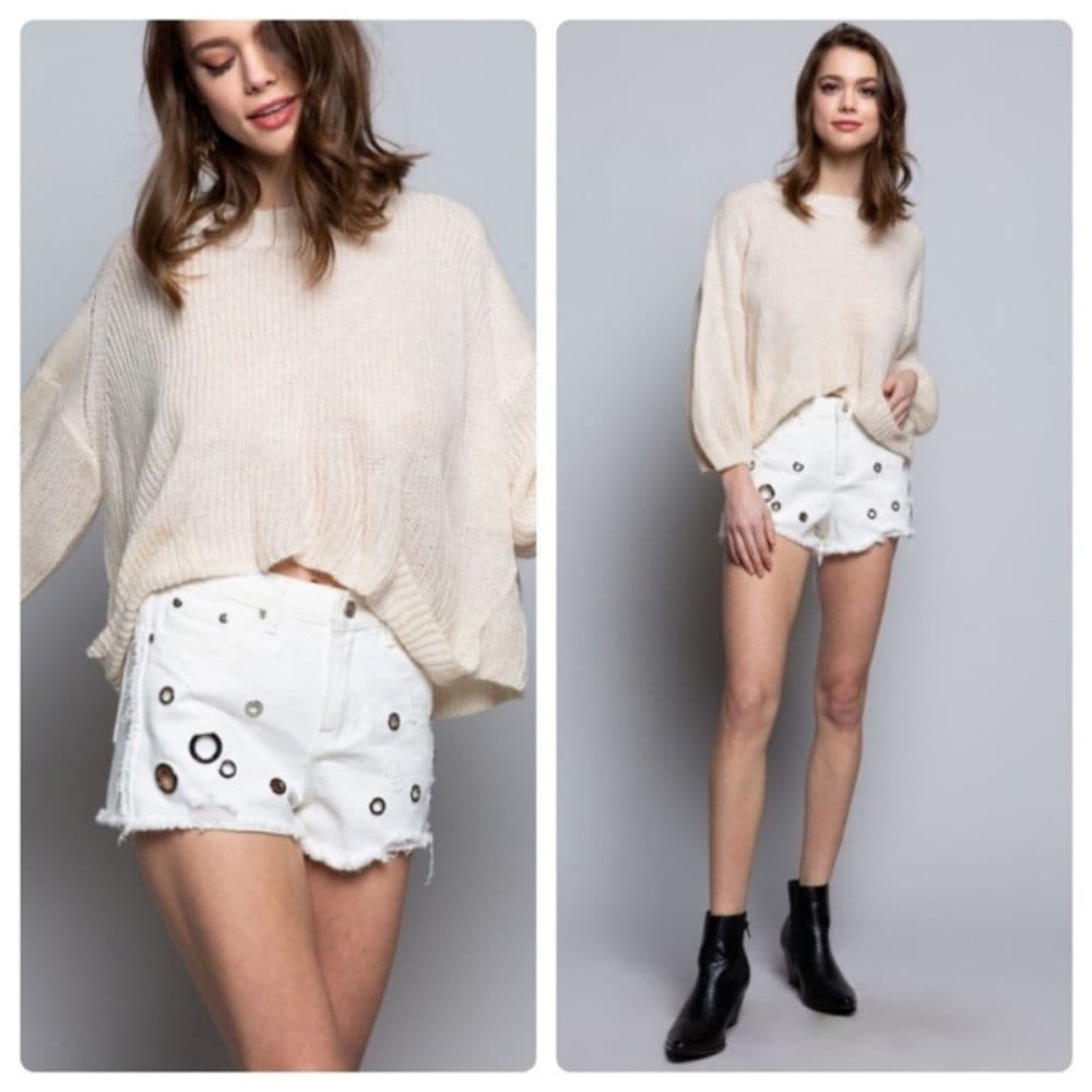POL White High Waisted Eyelet Fringe Trim Shorts - Thumbnail 2